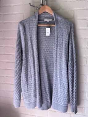 Loft Gray cardigan Open front xl NEW Textured knit Sweater pockets wool blend